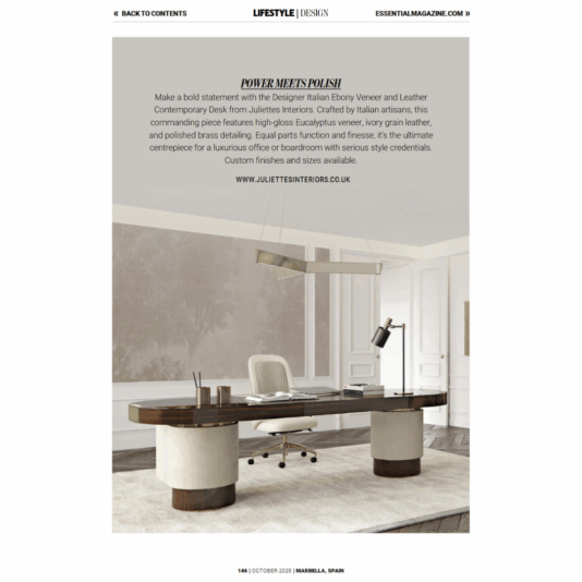 A modern office with a large Italian ebony and leather desk, a white executive chair, and elegant decor. The space features minimalist design, neutral colours, wall panels, and a geometric chandelier above the desk.