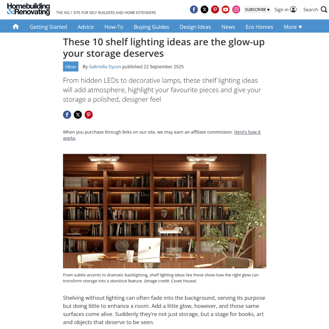 Article on shelf lighting showing a stylish home office with dark wood shelves features glowing strip lights under each shelf, illuminating books and decor, creating a warm, inviting, and elegant atmosphere.