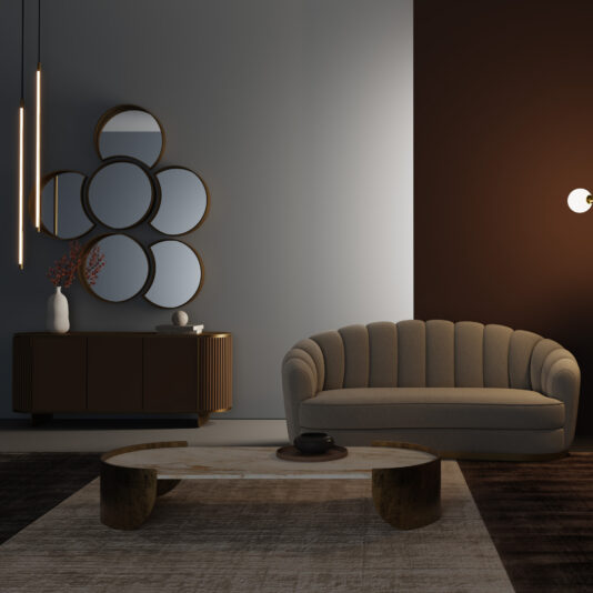 Contemporary Faux Marble Coffee Tables A modern living room featuring a beige scalloped sofa, Contemporary Marble Coffee Tables, abstract circular wall mirrors, a dark vase-topped sideboard, pendant lights, and grey-brown colour-blocked walls.