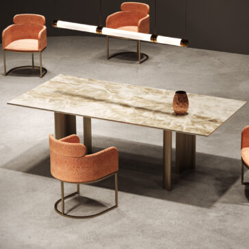 Contemporary Rectangular Faux Marble Dining Set Four coral chairs around a patterned stoneware top