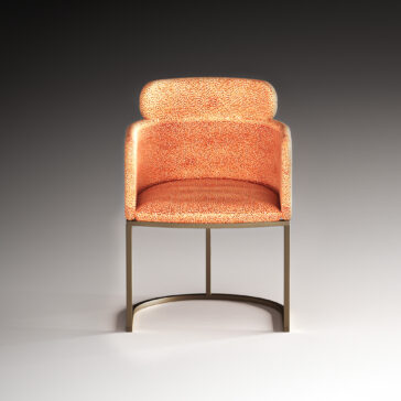 Contemporary Rectangular Faux Marble Dining Set A modern chair with orange textured upholstery, a curved backrest, and a metal half-circle base sits stylishlyāideal for pairing with the Contemporary Rectangular Faux Marble Dining Set against a dark gradient background.