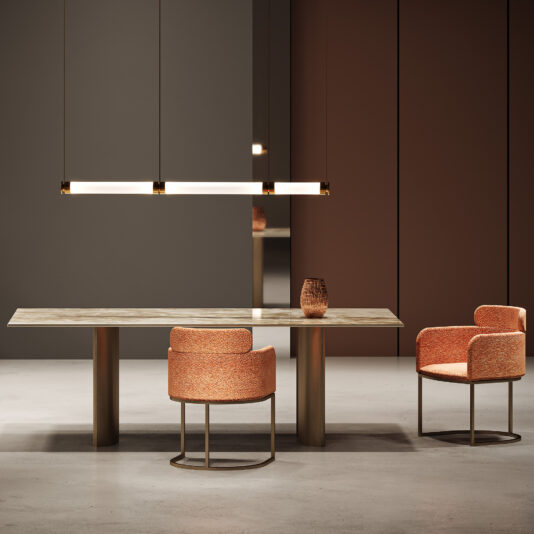 A modern dining room showcases the Contemporary Rectangular Faux Marble Dining Set paired with two orange chairs, a decorative vase, and a minimalist pendant light against brown and grey walls for a sleek, contemporary look.