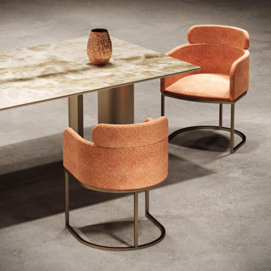 Contemporary Rectangular Faux Marble Dining Table A stylish dining space centres on the Contemporary Rectangular Faux Marble Dining Table, accented by a textured brown vase and two coral-upholstered metal chairs atop a sleek concrete floor.