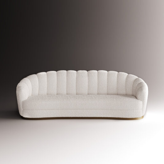 The Large Modern Bouclè Sofa features a curved white bouclé design, vertical tufting, and a low backrest, set against a gradient background from dark grey to light beige.