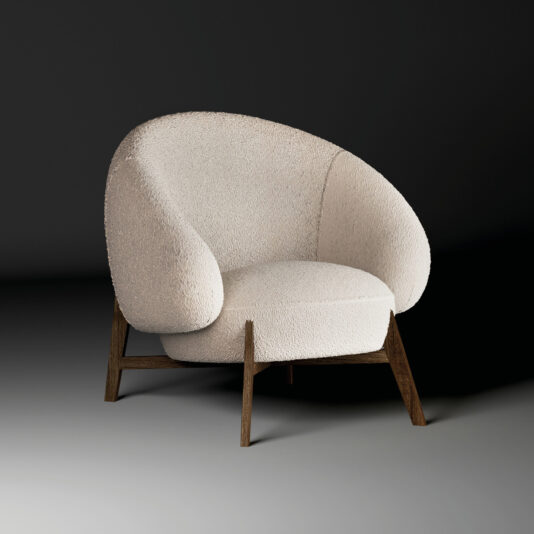 The Mid-Century Style Italian Armchair features a rounded, off-white upholstered seat and backrest with angled wooden legs, showcased against a dark background.