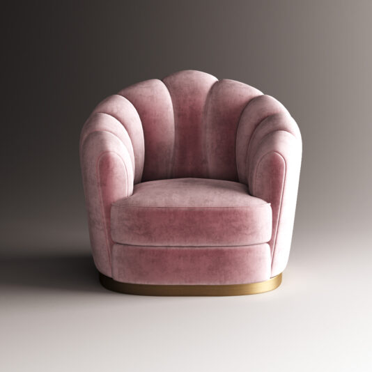 The Modern Velvet Armchair, in pink velvet, boasts a scalloped seashell-inspired backrest and a shining gold base, set against a neutral background.