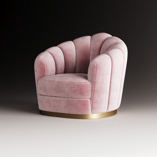 Modern Velvet Armchair The Modern Velvet Armchair in pink showcases a plush, scalloped shell backrest and a round gold base, set against a gradient dark-to-light background.