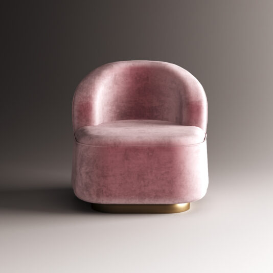 Modern Velvet Occasional Chair The Modern Velvet Occasional Chair in pink boasts a plush, rounded backrest and seat, set on a gold base for a chic look against any neutral backdrop.