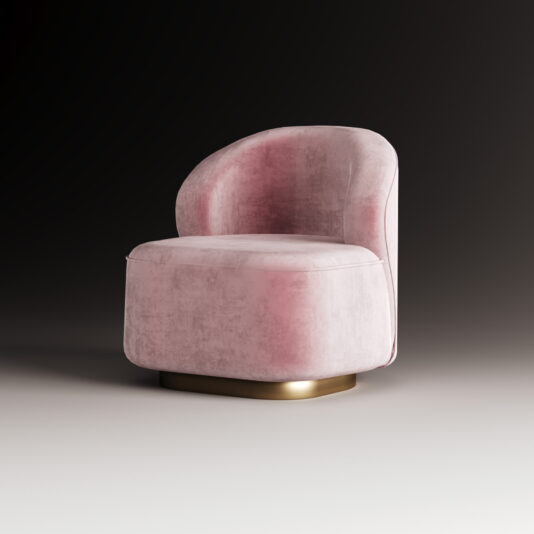 Modern Velvet Occasional Chair The Modern Velvet Occasional Chair features plush pink velvet, a rounded backrest and seat, and stands on a flat, circular gold base, all set against a gradient dark background.