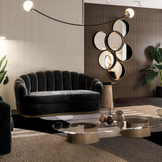 A modern living room with the Modern Velvet Sofa in black, circular wall mirrors, a statement light fitting, glass coffee tables with wooden bases, neutral walls, and green plants for a fresh touch.