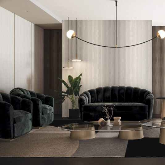 A modern living room features the Modern Velvet Sofa, dark green velvet armchairs, round glass coffee tables, minimal décor, a tall plant, stylish lighting, and textured wall panels.