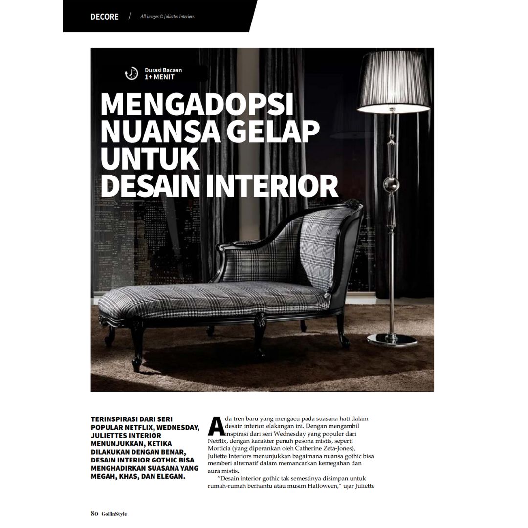 Adopting Dark Nuances for Interior Design article. Showing a modern living space with a black and white chequered chaise longue and a tall, elegant standard lamp beside it. The background is mostly dark, highlighting the sophisticated, moody interior design.