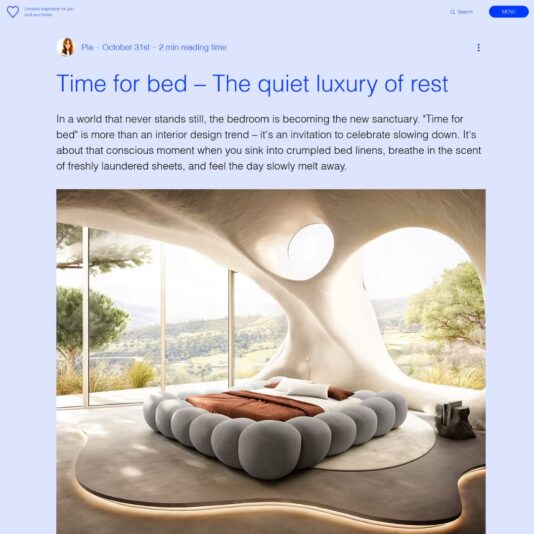 A modern bedroom with organic curves, a sculptural grey bed, large round windows, soft lighting, and minimalist decor, creating a tranquil and luxurious atmosphere.