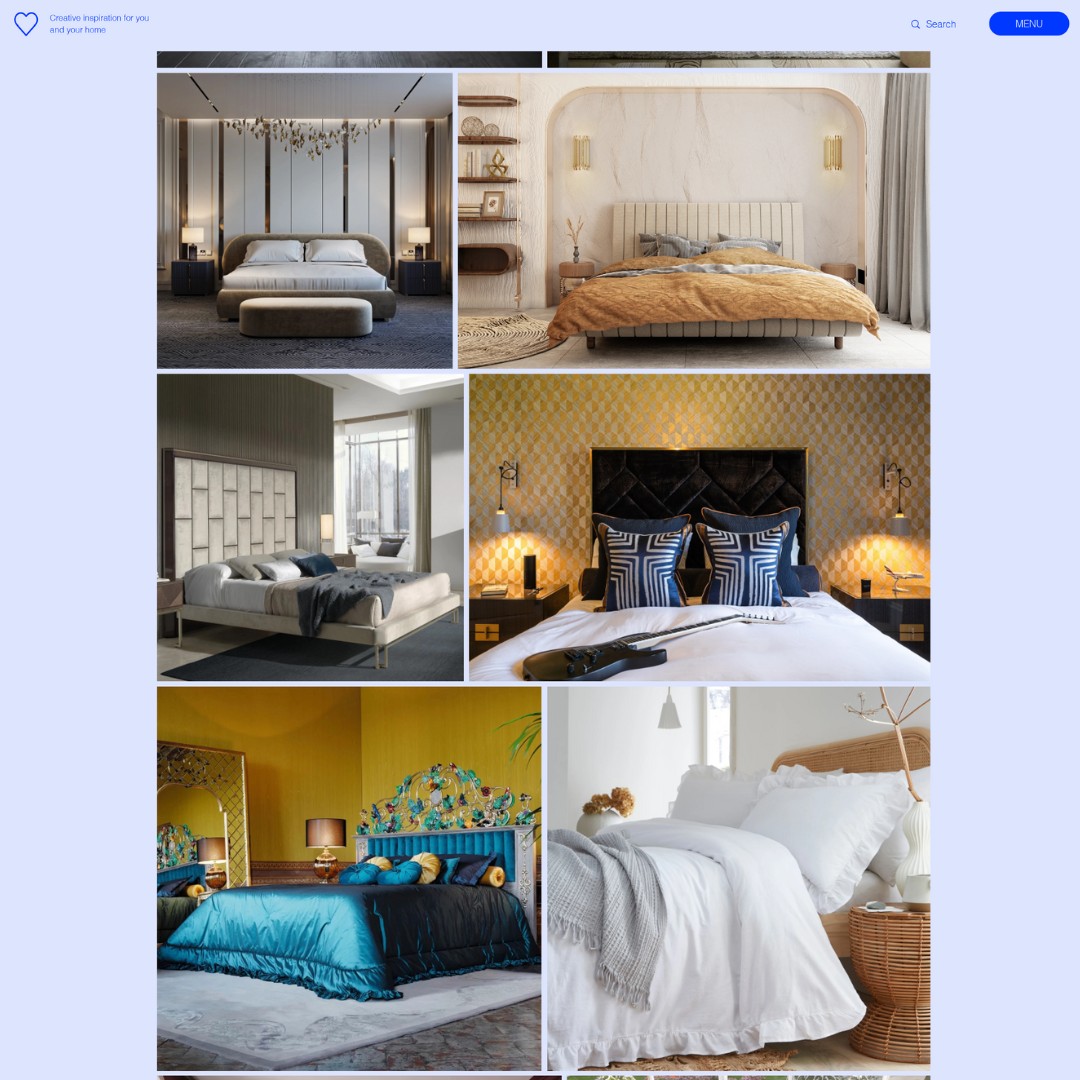 A collage of six stylish bedroom interiors, each featuring a neatly made bed with different headboards, bedding styles, and decorative accents in modern and cosy settings.