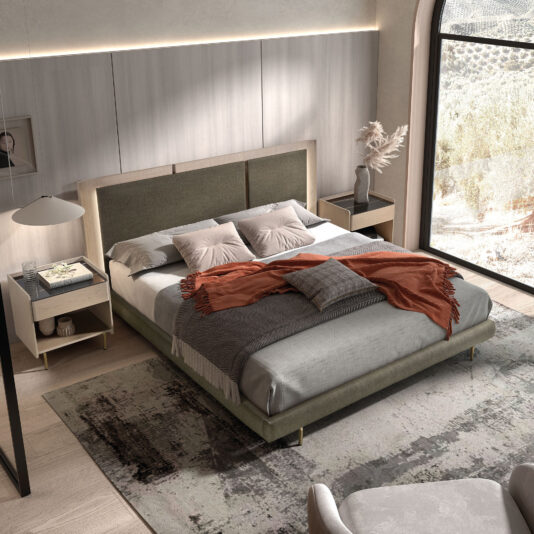 Contemporary Bed With Backlit Headboard Modern bedroom featuring the Contemporary Bed With Backlit Headboard, neutral bedding, grey and rust throws, three pillows, bedside tables with lamps, a decorative vase, textured rug, and a large window with scenic landscape views.