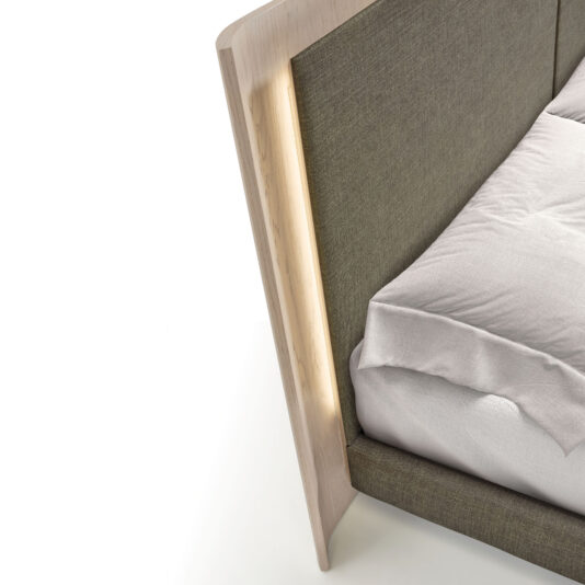 Contemporary Bed With Backlit Headboard Close-up of the Contemporary Bed With Backlit Headboard, showcasing a light wood frame, grey upholstery, white bedding, and an integrated vertical LED light strip along the headboard’s edge.