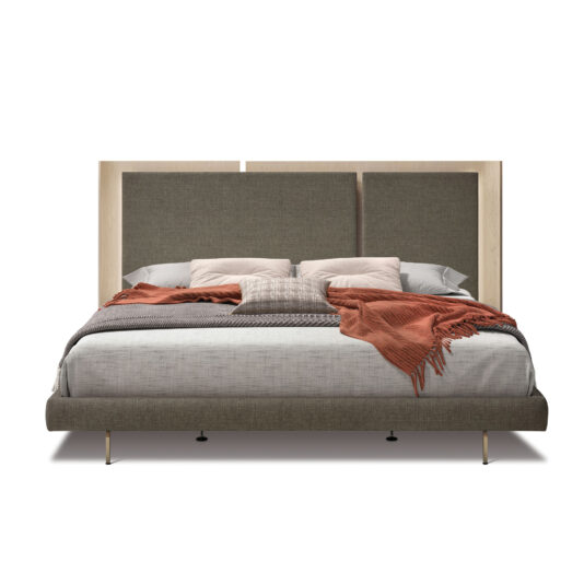 Contemporary Bed With Backlit Headboard The Contemporary Bed With Backlit Headboard, featuring grey upholstery, neutral pillows, and a rust-coloured throw at the foot, creates a cosy and modern bedroom retreat.