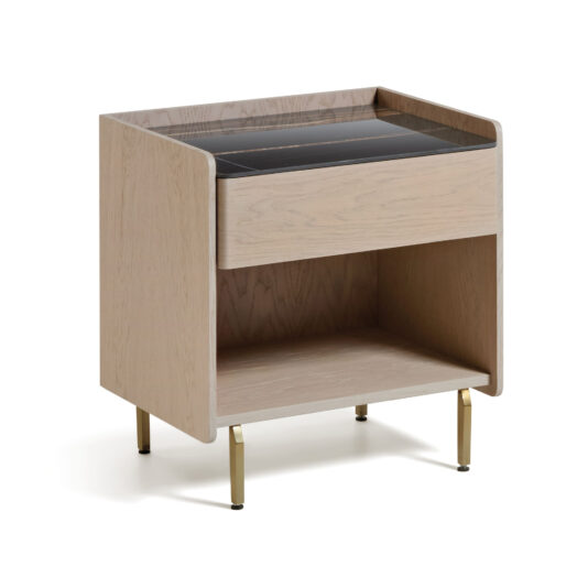 Contemporary Bedside With Porcelain Marble Top The Contemporary Bedside With Porcelain Marble Top features a modern light wood finish, a single drawer, open lower shelf, and four brass-coloured metal legs.