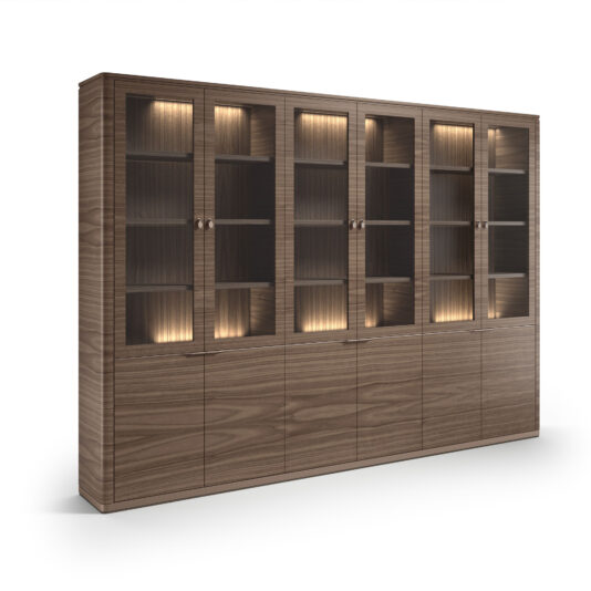 The Large Modern Walnut Veneer Bookcase features four upper glass doors with interior warm lighting and lower solid wood doors for storage, all in a sleek, contemporary design.