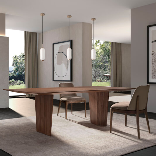 A modern dining room features a Modern Rectangular Veneer Dining Table, two brown chairs, a beige rug, three pendant lights, abstract wall art, large windows, and neutral walls bathed in natural light.
