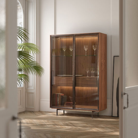 The Modern Walnut Veneer Display Cabinet, featuring glass doors, displays glassware and books. It stands against a light wall in a bright room with herringbone wood floors and a large green plant nearby.