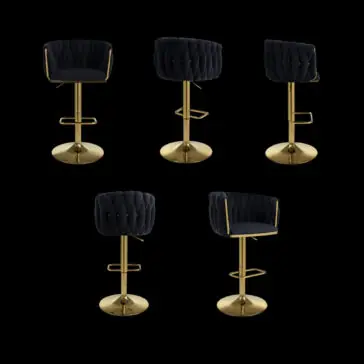 Set of 2 Woven Velvet Black Swivel Bar Stools Set of 2 Woven Velvet Black Swivel Bar Stools with tufted backs and gold bases are shown on a black background, displayed from the front, side, and back.