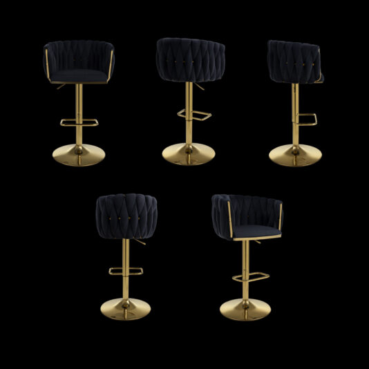 Set of 2 Woven Velvet Black Swivel Bar Stools with tufted backs and gold bases are shown on a black background, displayed from the front, side, and back.