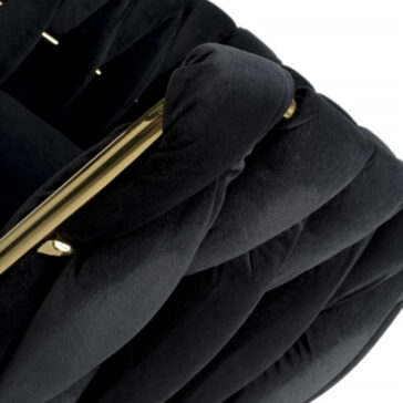 Set of 2 Woven Velvet Black Swivel Bar Stools Close-up of a black, tufted velvet armchair with plush cushioning and curved gold armrests, coordinating perfectly with the Set of 2 Woven Velvet Black Swivel Bar Stools for a luxurious look.