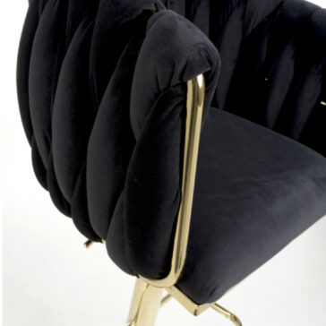 Set of 2 Woven Velvet Black Swivel Bar Stools Close-up of the Set of 2 Woven Velvet Black Swivel Bar Stools, featuring plush tufted cushions and gold metal armrests and legs, displayed on a white background.