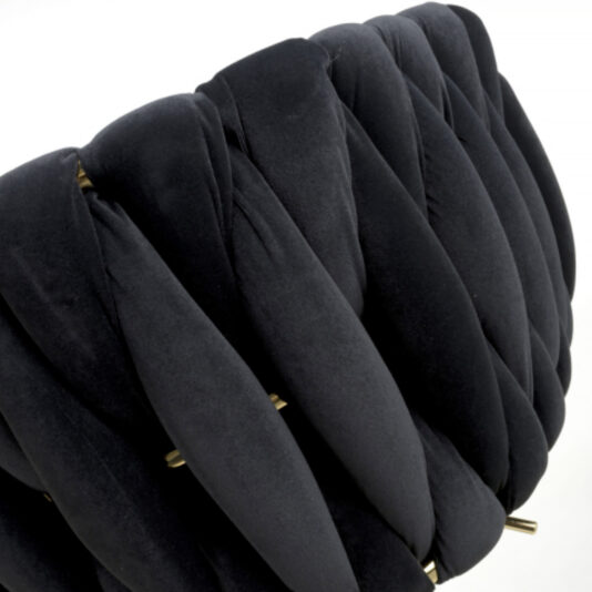 A close-up of the Set of 2 Woven Velvet Black Swivel Bar Stools, showcasing their plush velvet upholstery with an elegant braided interwoven design.