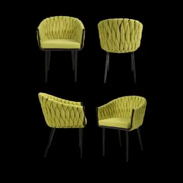Set of 4 Woven Yellow Dining Chairs Four views of the Set of 4 Woven Yellow Dining Chairs, each with textured yellow upholstery and slim black legs, shown against a black background.