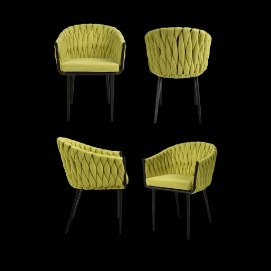 Four views of the Set of 4 Woven Yellow Dining Chairs, each with textured yellow upholstery and slim black legs, shown against a black background.