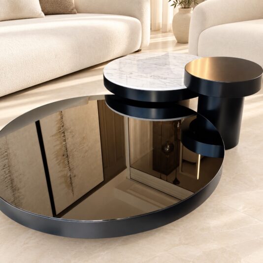 Set Of 3 Modern Round Coffee Tables Angled view of the Set Of 3 Modern Round Coffee Tables with black glass, marble-effect porcelain and black lacquer finishes in a neutral interior.