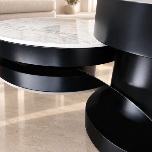 Set Of 3 Modern Round Coffee Tables Detail view of the Set Of 3 Modern Round Coffee Tables with black glass, marble-effect porcelain and black lacquer finishes in a neutral interior.