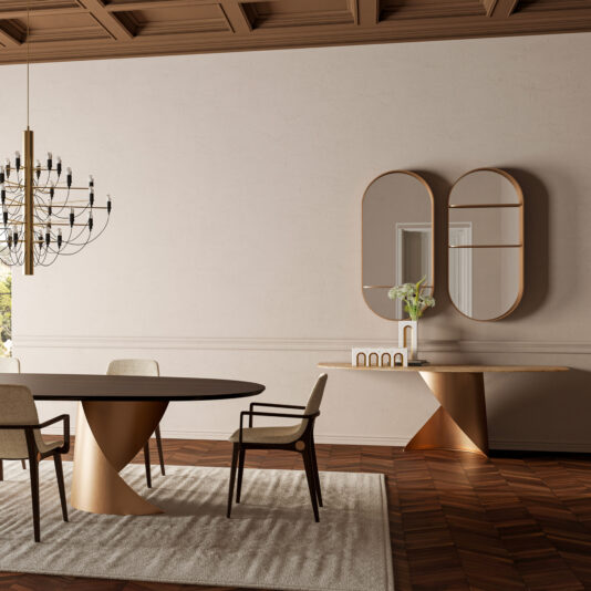 Contemporary Marble Console Table A modern dining room with a round table and gold base, four chairs, a light rug, chandelier, Modern Marble Console Table with vases, two oval mirrors on a beige wall, wooden floors, and coffered ceiling.