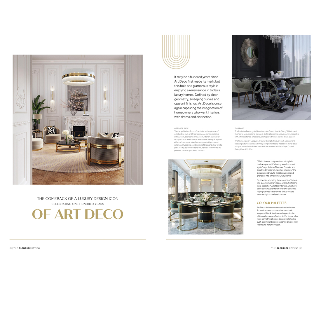 A magazine spread featuring elegant Art Deco interiors with gold, black, and cream decor, celebrating 100 years of Art Deco in stylish living and dining rooms. The headline reads, “The Comeback of Luxury Design Icon: Of Art Deco.”.