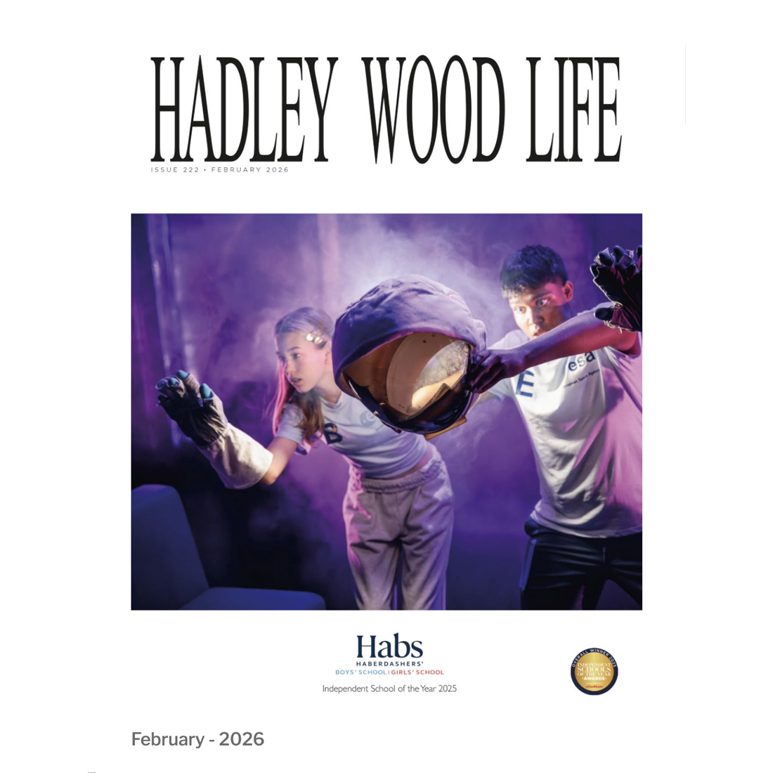 Cover of "Hadley Wood Life" magazine, February 2026 issue, featuring two young people in sportswear playing with a large ball in a purple-lit room. A Habs school logo is at the bottom.