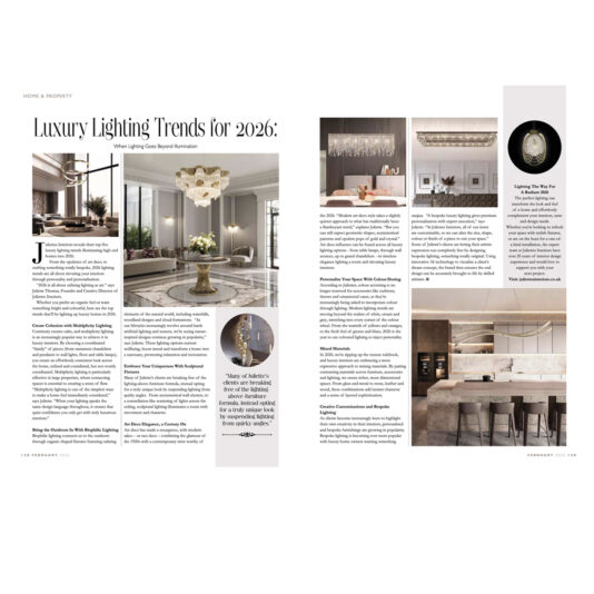Two magazine pages titled "Luxury Lighting Trends for 2026," featuring text on lighting styles, tips, and trends, with several images of modern chandeliers, pendant lights, and stylish interior spaces showcasing lighting designs.