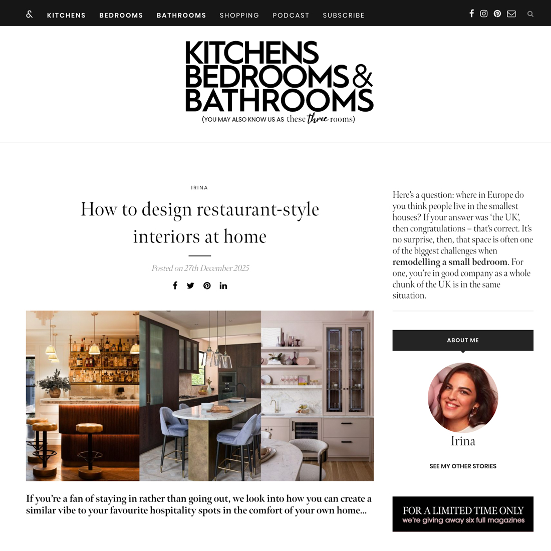 A modern kitchen and dining area with elegant restaurant-style interiors, featuring a bar, seating, warm lighting, and stylish décor, shown on a magazine webpage titled "How to design restaurant-style interiors at home.