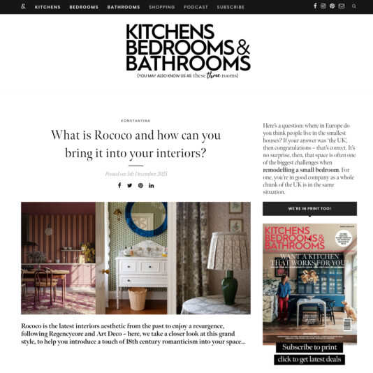 Screenshot of a Kitchens Bedrooms & Bathrooms magazine article titled "What is Rococo and how can you bring it into your interiors?", featuring images of a decorated console table and a floral wallpapered bedroom.