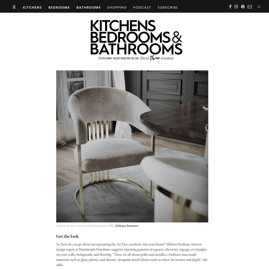 A contemporary dining room features a plush, curved-back dining chair with gold accents next to a round dining table, set against a neutral-toned background with soft natural lighting.