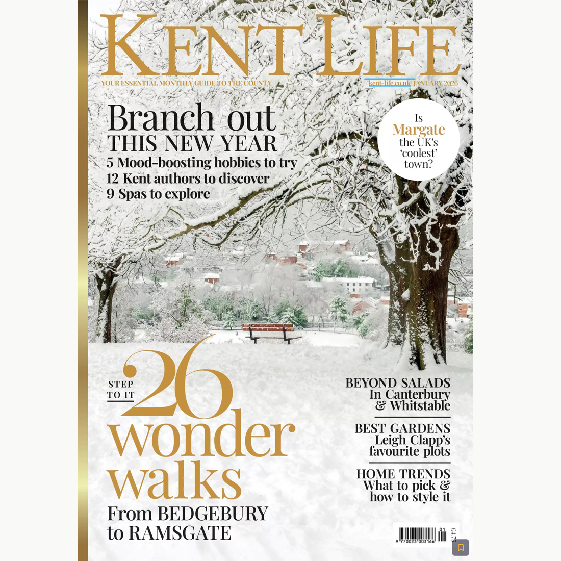 A magazine cover for “Kent Life” featuring a snow-covered park with trees, benches, and a white sky. Main headlines include “26 wonder walks” and articles about hobbies, gardens, home trends, and Kent towns.