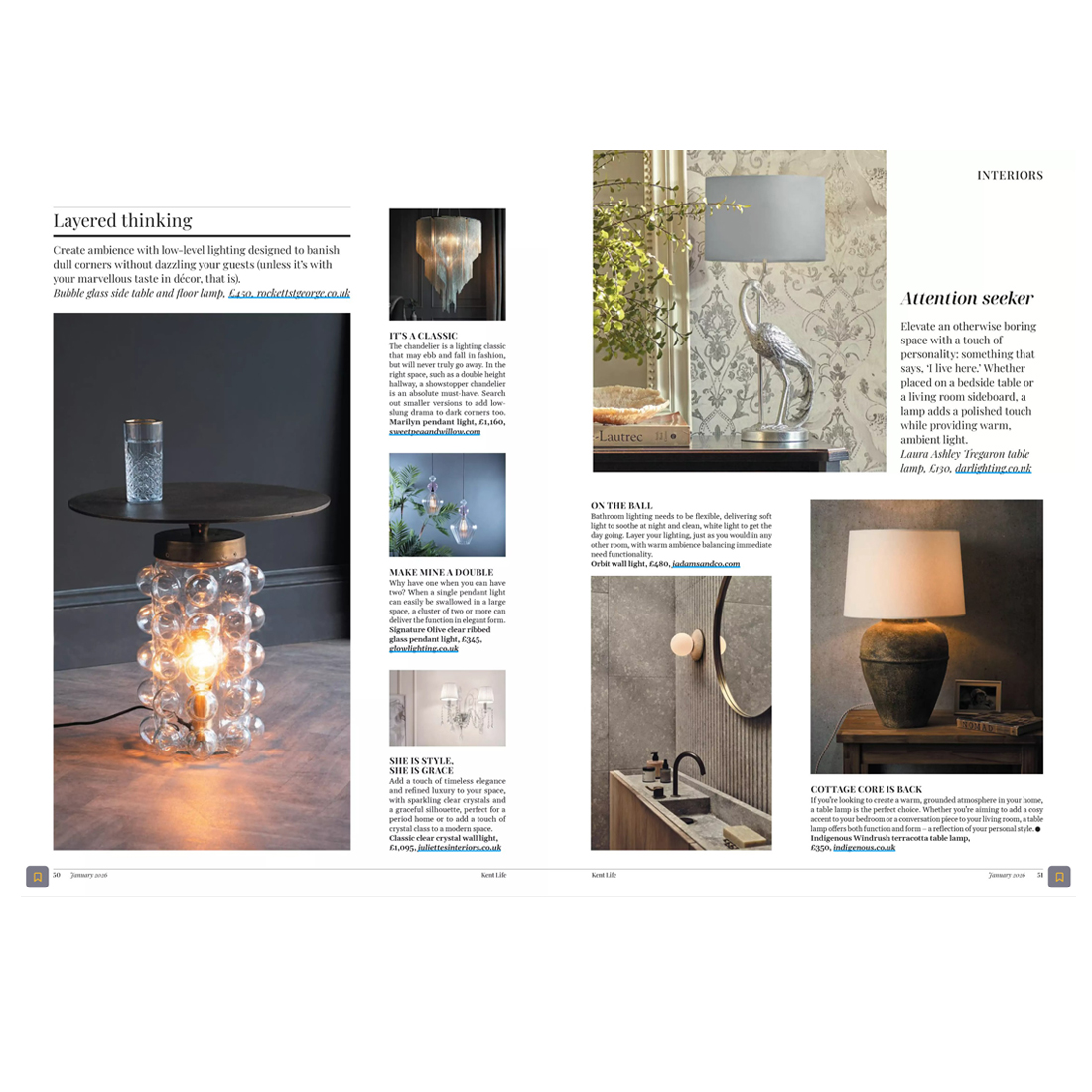A magazine spread featuring home décor items, including various stylish lamps, decorative vases, a modern side table, and a close-up of a bathroom vanity with a wall light, set against neutral backgrounds.