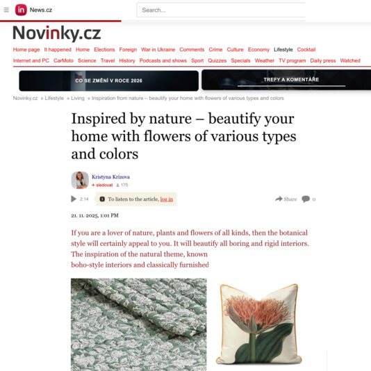 A screenshot of a news article titled “Inspired by nature – beautify your home with flowers of various types and colours” featuring an image of a floral cushion and a pink protea flower arrangement.