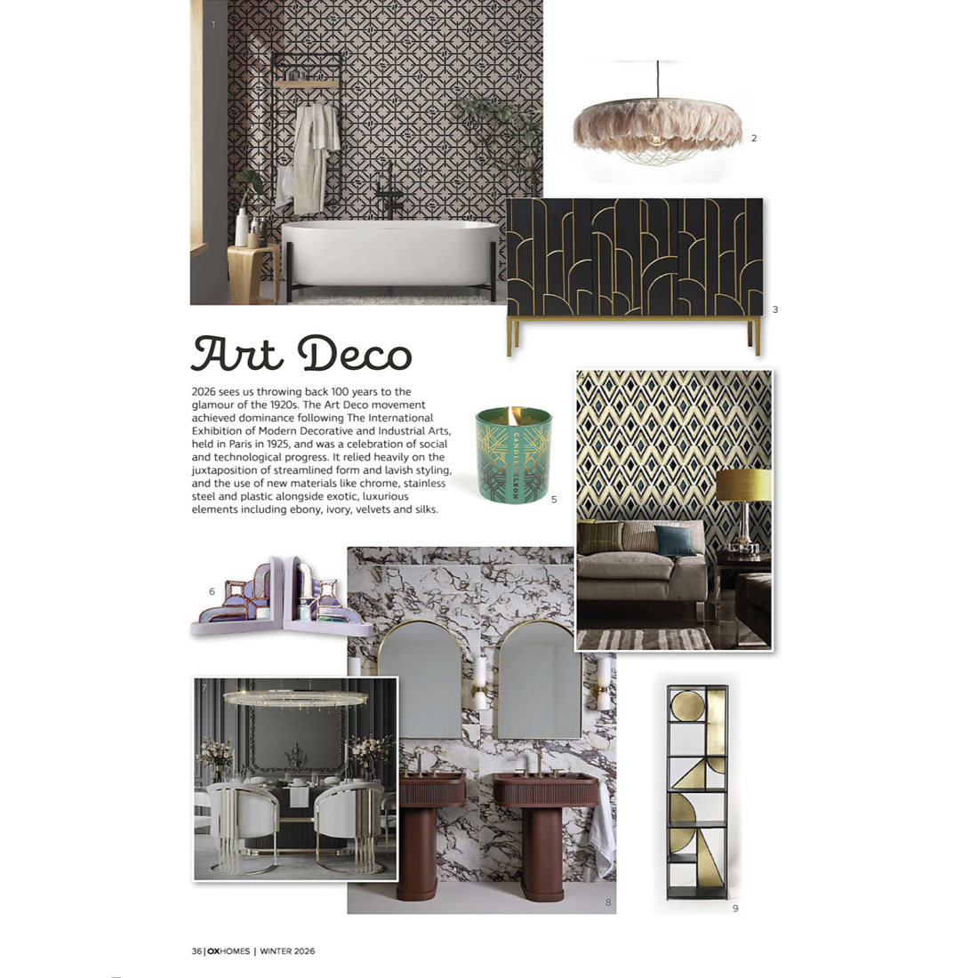 A collage of Art Deco-inspired interior decor: patterned wallpaper, a bath, a geometric black and gold cabinet, a feathered light fitting, a green glass candle holder, a marble wall, a vanity with two mirrors, and a gold-accented shelf.
