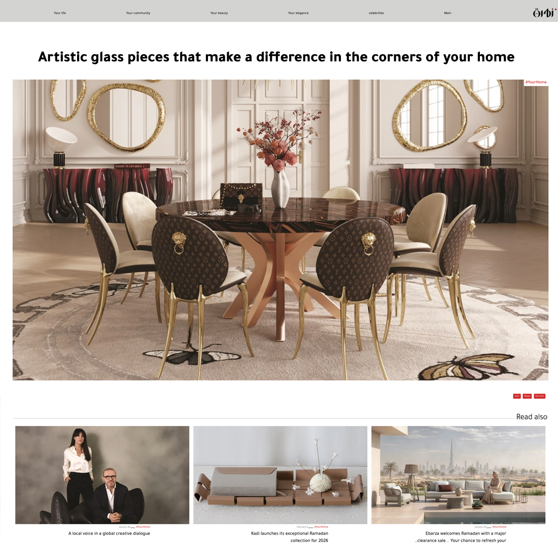 A luxurious dining room with a round glass table, six upholstered chairs with gold accents, and elegant decor including vases, mirrors, and wall art. Below are three articles with preview images and titles.