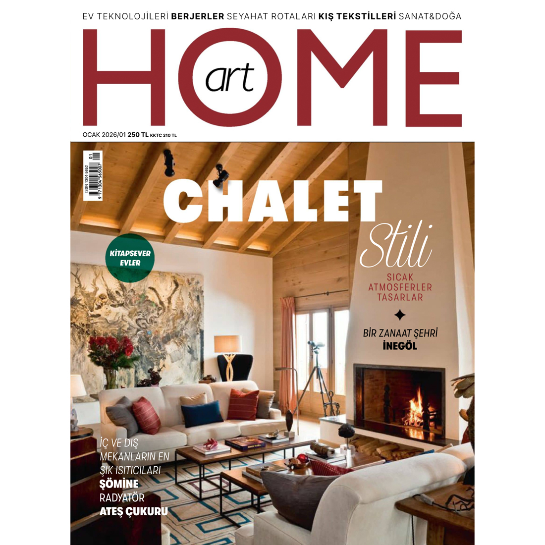Cover of HOME art magazine featuring a cosy chalet living room with wooden beams, a fireplace, bookshelves, modern furniture, and large windows letting in natural light. Turkish text highlights décor and lifestyle topics.