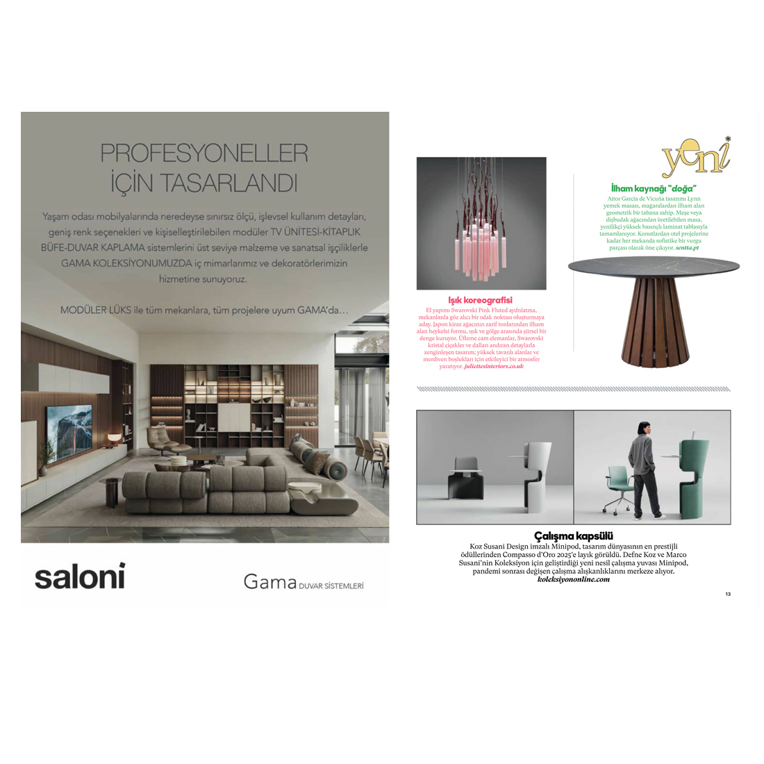A modern magazine layout features stylish furniture and lighting. The left side shows a sleek living room with sofas, chairs, and wall units, with "saloni" branding. The right side highlights tables, pendant lights, and product descriptions in Turkish.