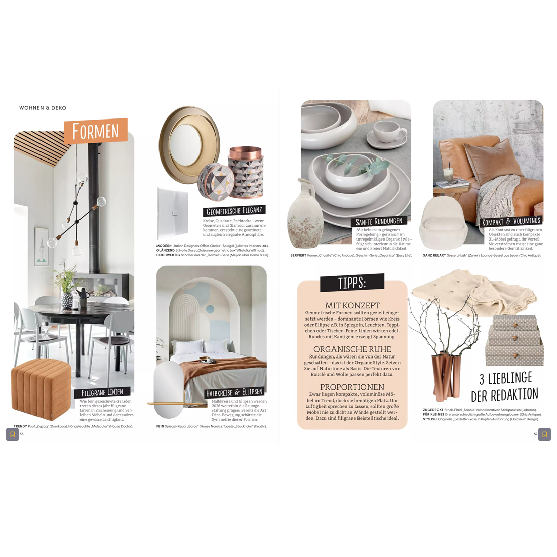 A magazine spread displays home decor items, including vases, dishes, cushions, and furniture in warm, neutral tones. The layout features styled photos, product descriptions, and design tips in both text boxes and labels.