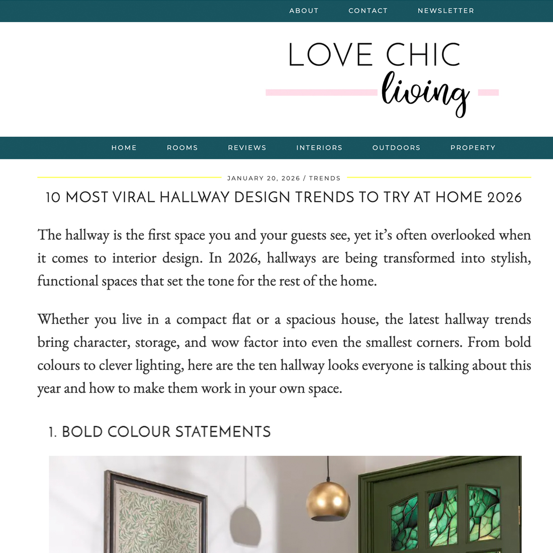 A webpage from Love Chic Living featuring an article titled "10 Most Viral Hallway Design Trends to Try at Home 2026," with a photo of a green hallway door and a decorative wall, and modern interior design text.